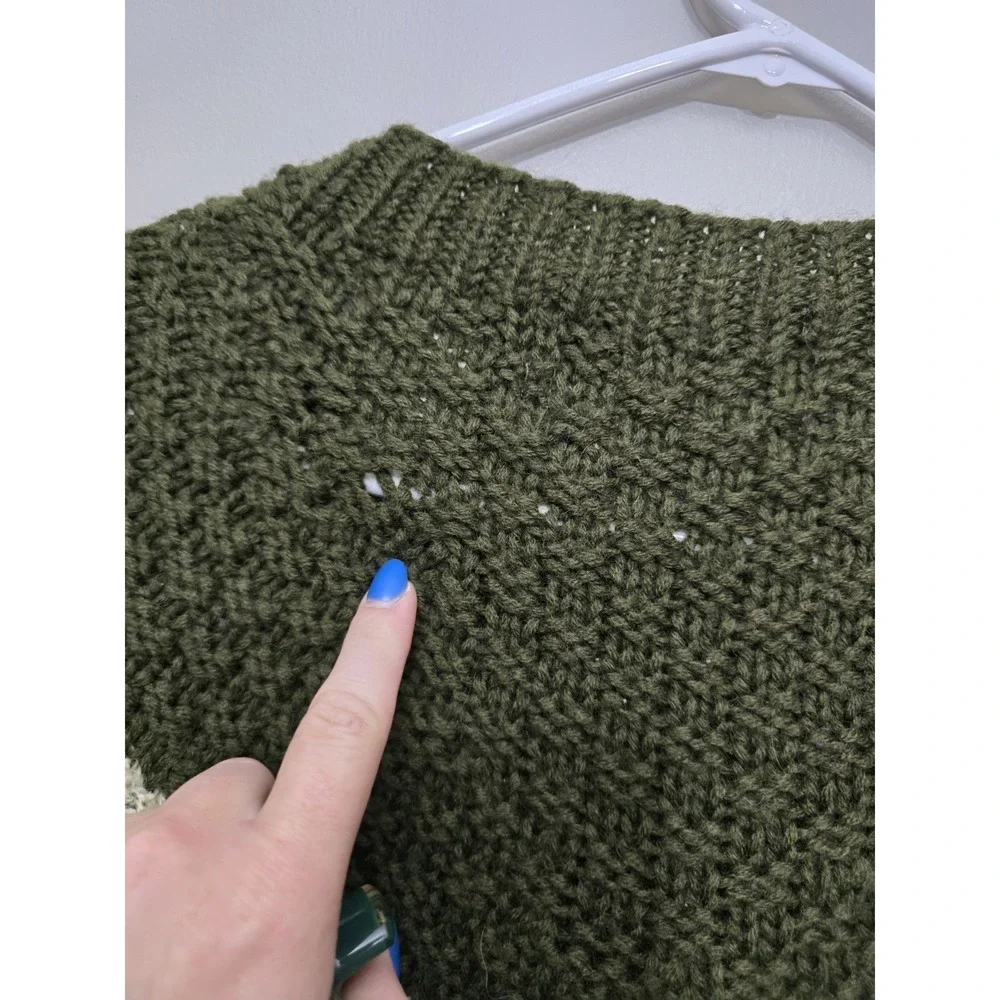 Vintage Novo Hand Knit Wool Blend Sweater Geometric Chunky Olive Blue Large